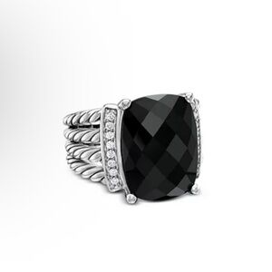 David Yurman Black Onyx & Sterling Cable Ring with Pavé Diamonds